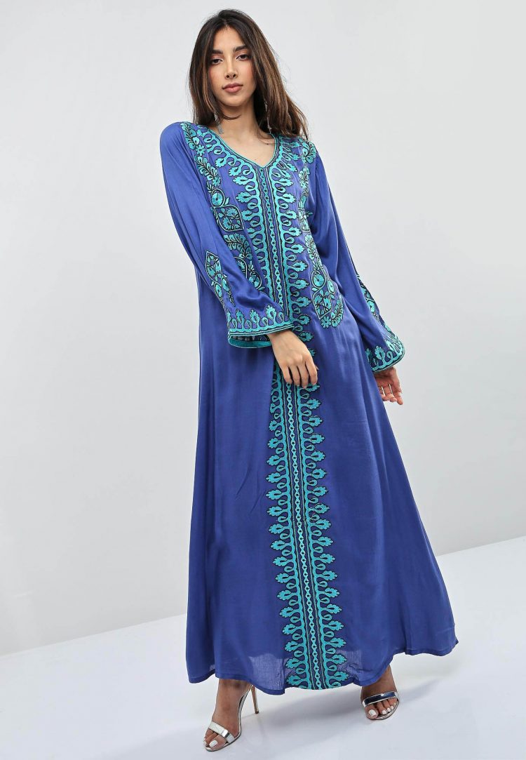 Blue Embroidered Wide Sleeves jalabiyas-Kashkha