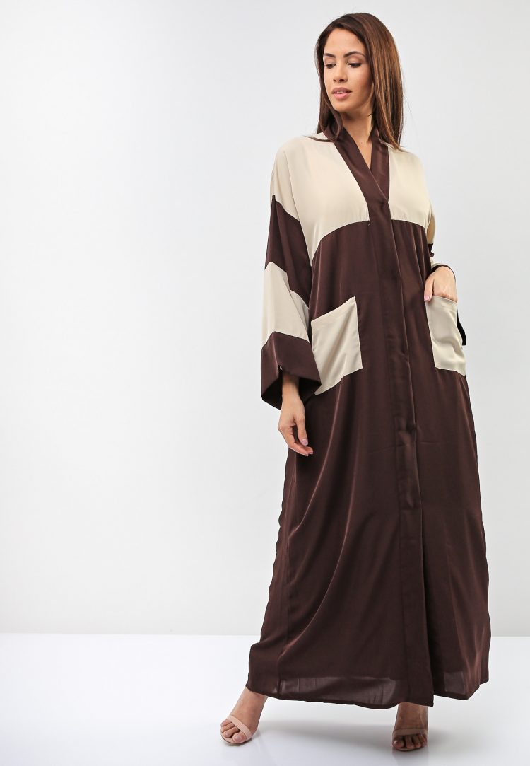 Brown Contrast Pocket Abaya-Gunay Hafiz