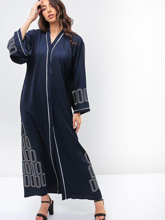 Contrast Trim Embroidered Detail Abaya-Roza