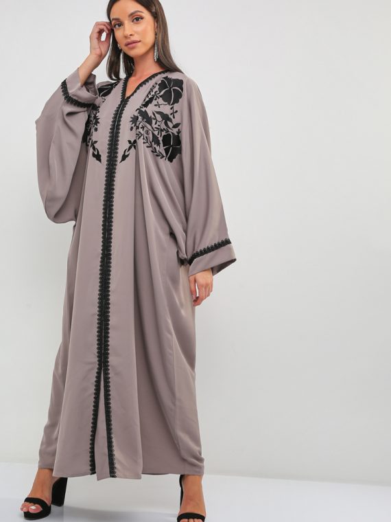 Embroidered Lace Abaya-BLACK GOLD