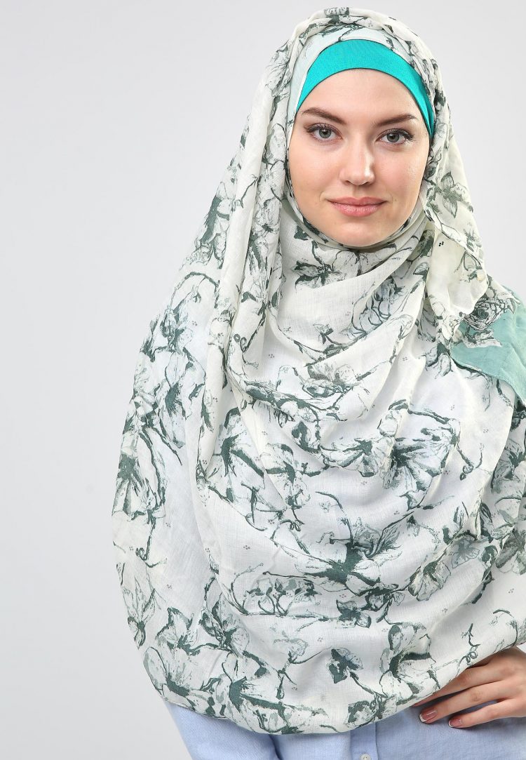 Floral Print Green Hijab Scarf-Kashkha