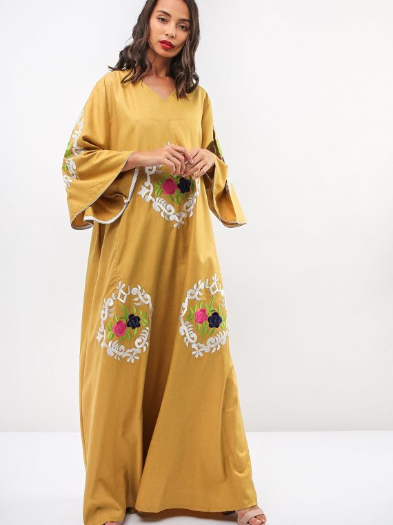 Floral Thread Embroidered Jalabiya-Sara Arabia