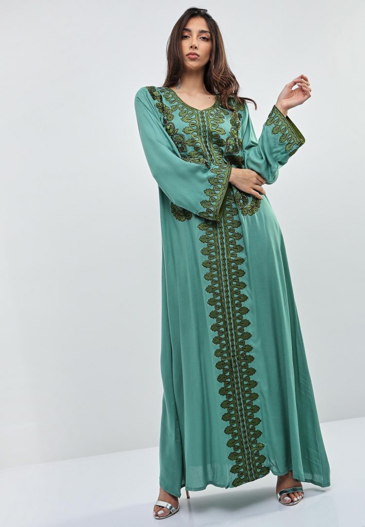 Green Embroidered Wide Sleeves jalabiyas-Kashkha