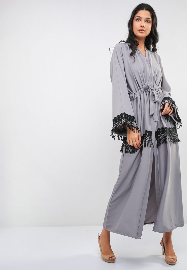 Lace Embellished Belted Abaya-Bousni