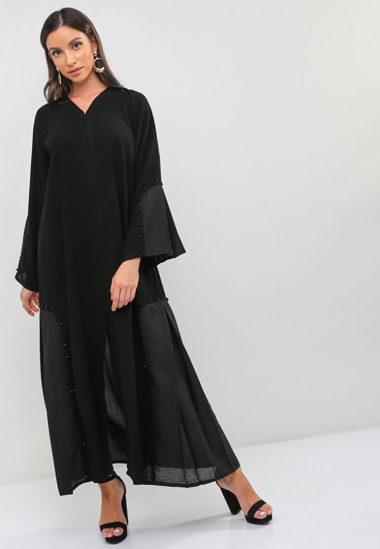 Lined Embroidered Abaya-BLACK GOLD